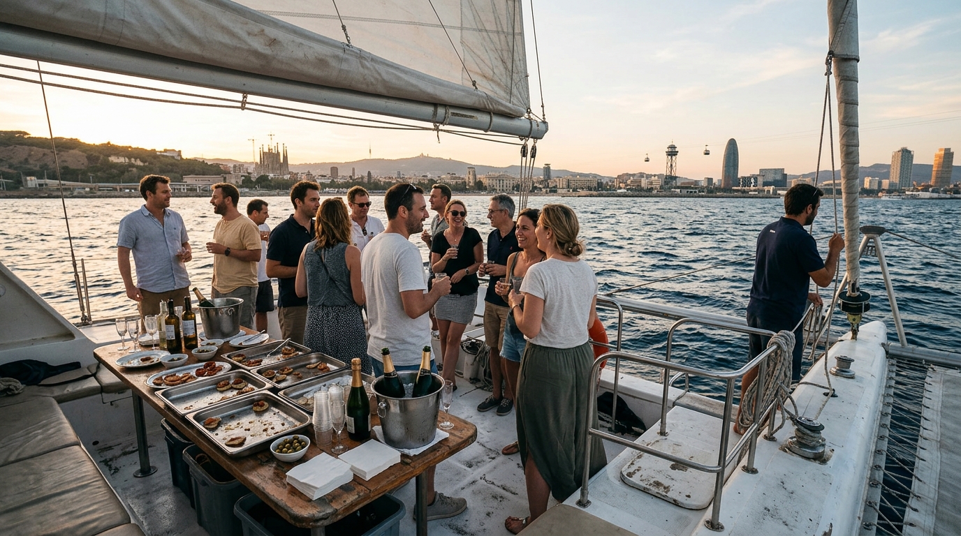 Stor grupp: Katamaran för teambuilding – solnedgång i Barcelona