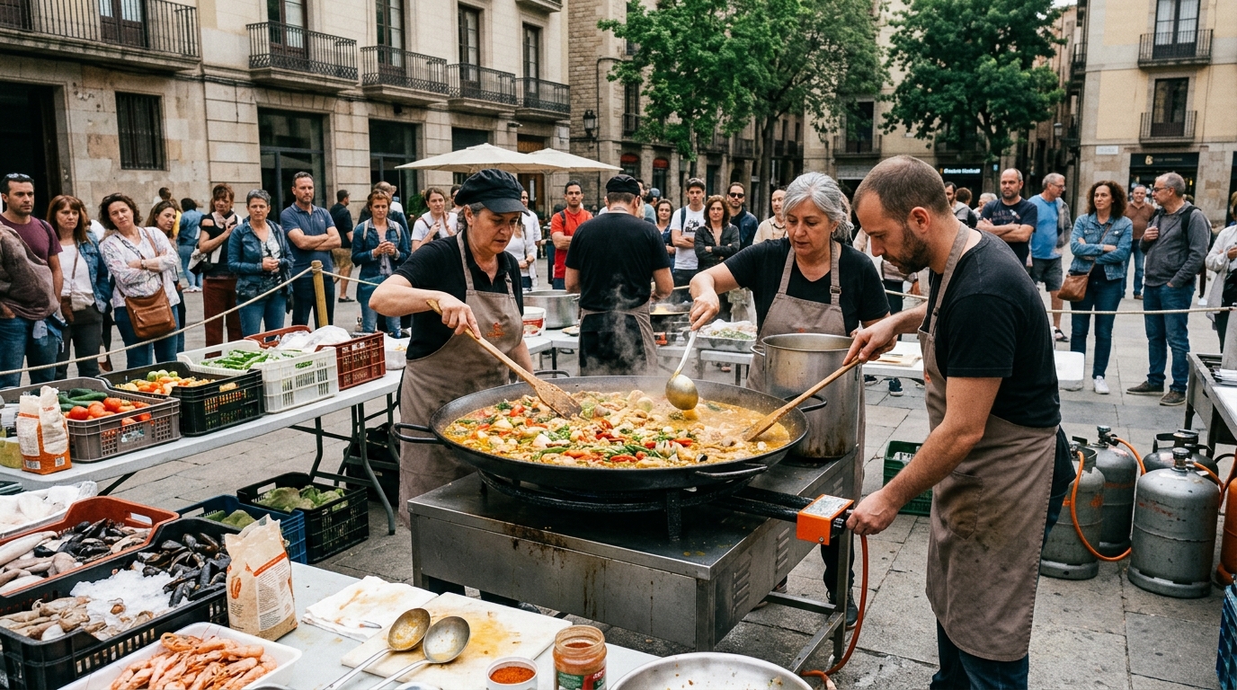 Showcooking en direct - Démonstration de paella géante à Barcelone