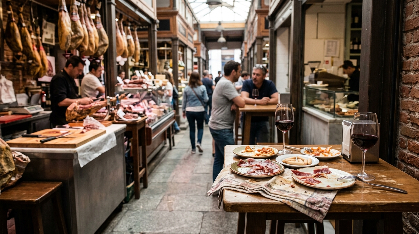 Historisk madtur til taverner med iberisk skinke og vin i Madrid
