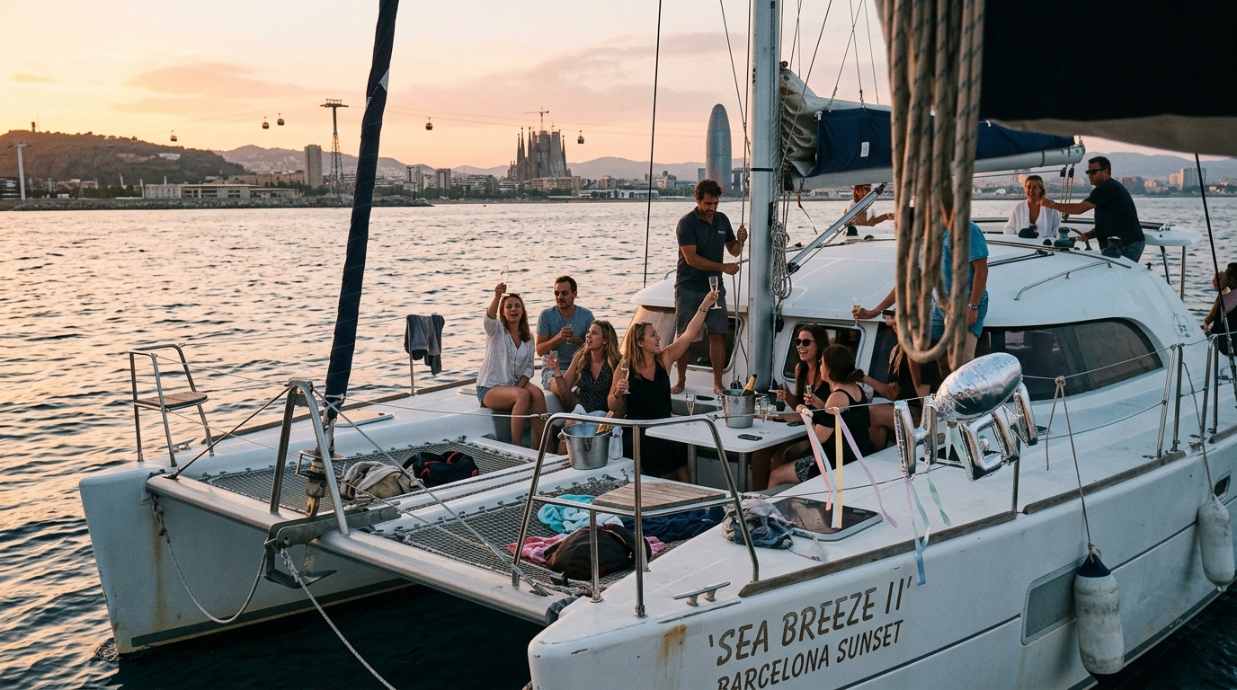 Croisière privée au coucher du soleil en catamaran pour enterrements de vie de célibataire à Barcelone