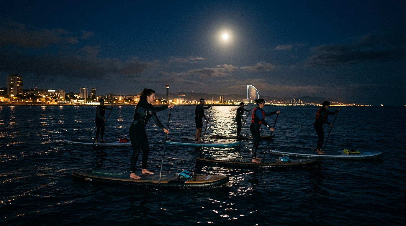 Ruta privada en Paddle Surf bajo la Luna Llena en Barcelona